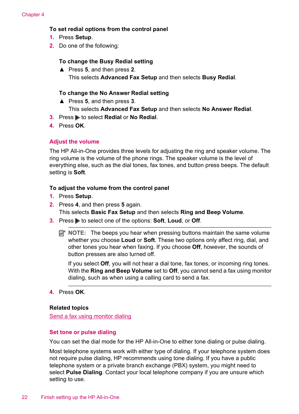 Adjust the volume, Set tone or pulse dialing | HP Officejet J5740 All-in-One Printer User Manual | Page 24 / 296