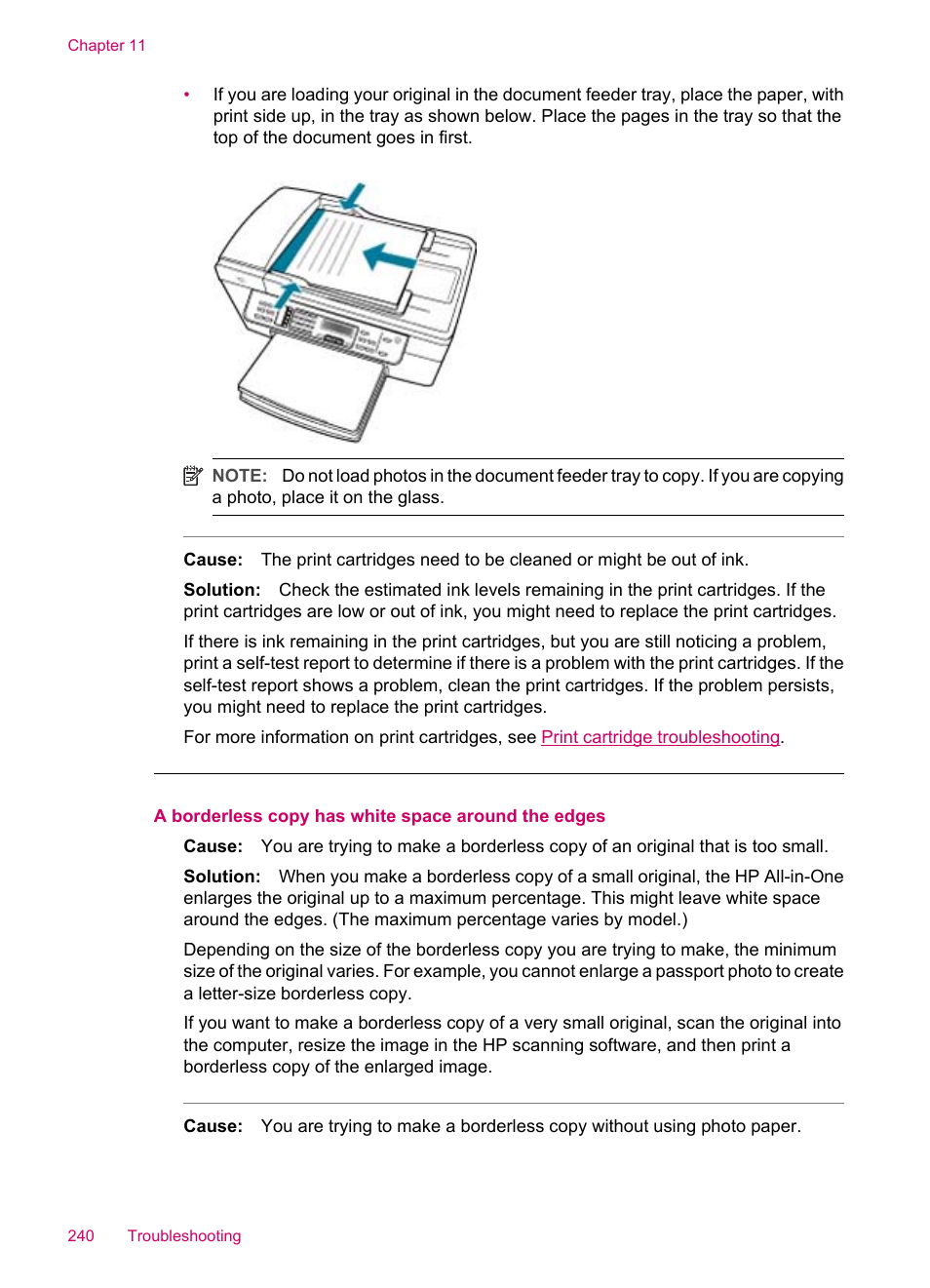 A borderless copy has white space around the edges | HP Officejet J5740 All-in-One Printer User Manual | Page 242 / 296