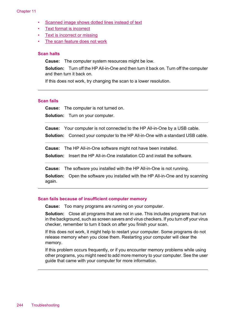 Scan halts, Scan fails, Scan fails because of insufficient computer memory | HP Officejet J5740 All-in-One Printer User Manual | Page 246 / 296