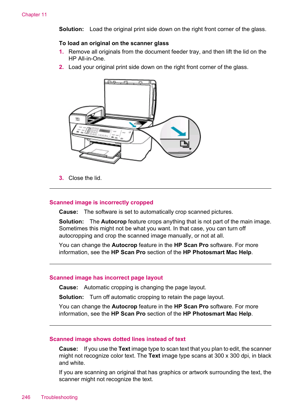 Scanned image is incorrectly cropped, Scanned image shows dotted lines instead of text | HP Officejet J5740 All-in-One Printer User Manual | Page 248 / 296