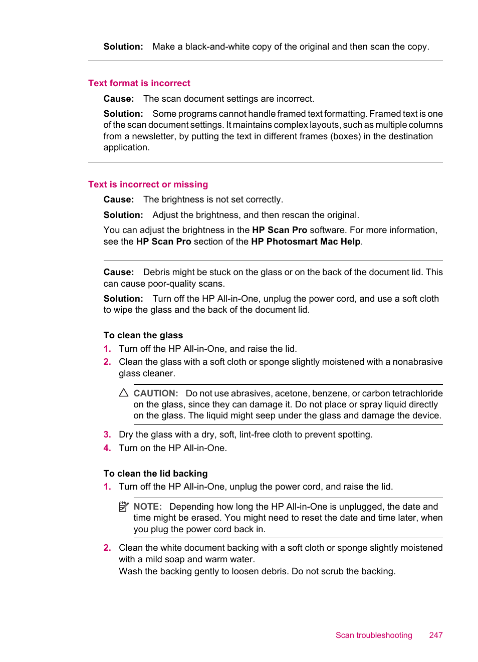 Text format is incorrect, Text is incorrect or missing | HP Officejet J5740 All-in-One Printer User Manual | Page 249 / 296