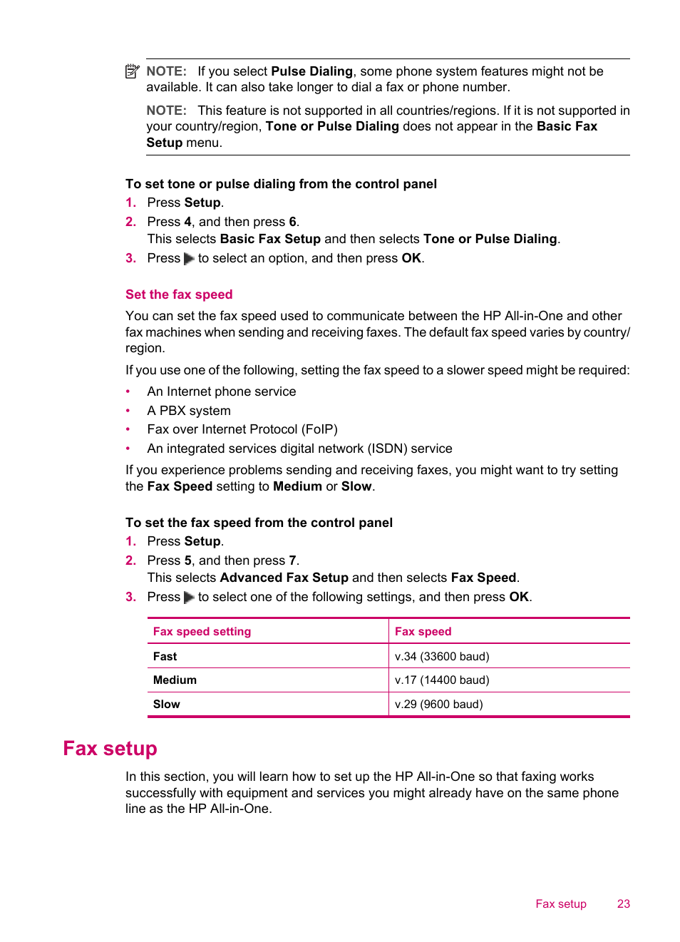 Set the fax speed, Fax setup, Set up the hp all-in-one for faxing | Set up the phone book | HP Officejet J5740 All-in-One Printer User Manual | Page 25 / 296
