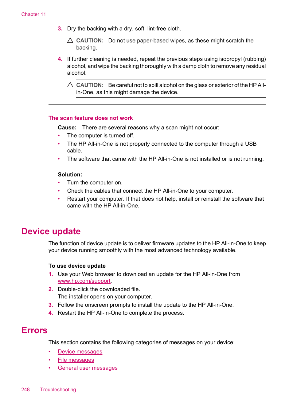 Device update, Errors, Device update errors | Device messages file messages, Supported file types for the hp all-in-one, Ssages, see, The scan feature does not work | HP Officejet J5740 All-in-One Printer User Manual | Page 250 / 296