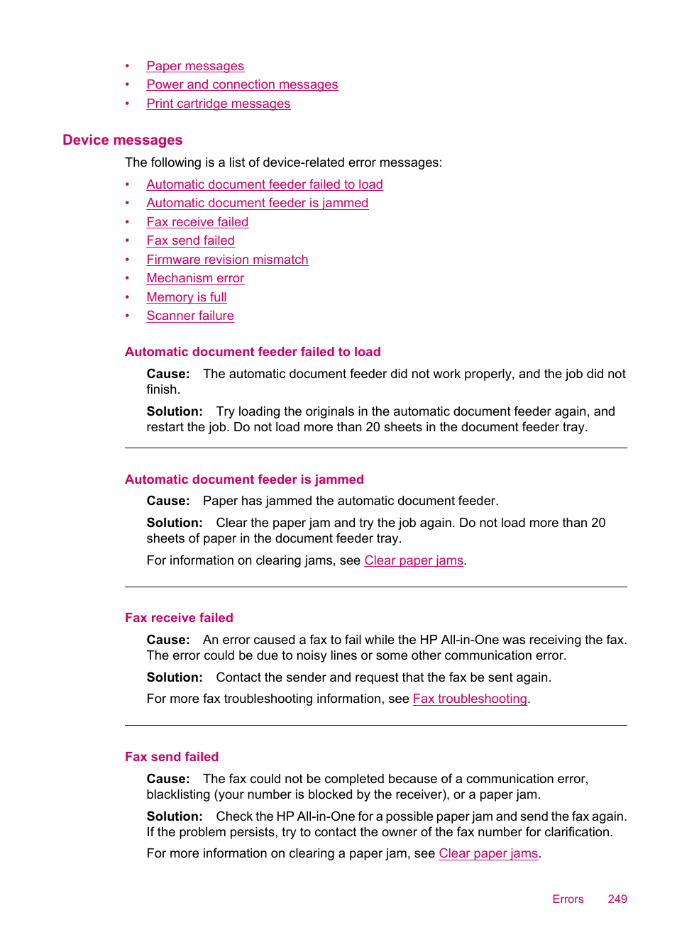 Device messages | HP Officejet J5740 All-in-One Printer User Manual | Page 251 / 296