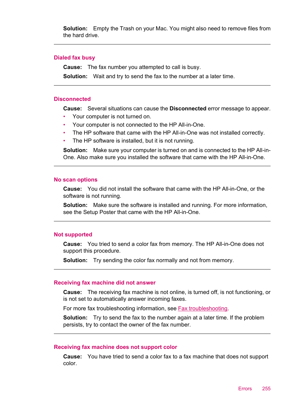 Dialed fax busy, Disconnected, No scan options | Not supported, Receiving fax machine did not answer, Receiving fax machine does not support color | HP Officejet J5740 All-in-One Printer User Manual | Page 257 / 296