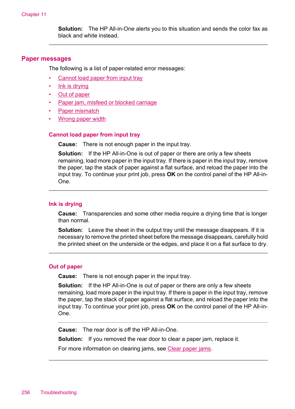 Paper messages | HP Officejet J5740 All-in-One Printer User Manual | Page 258 / 296