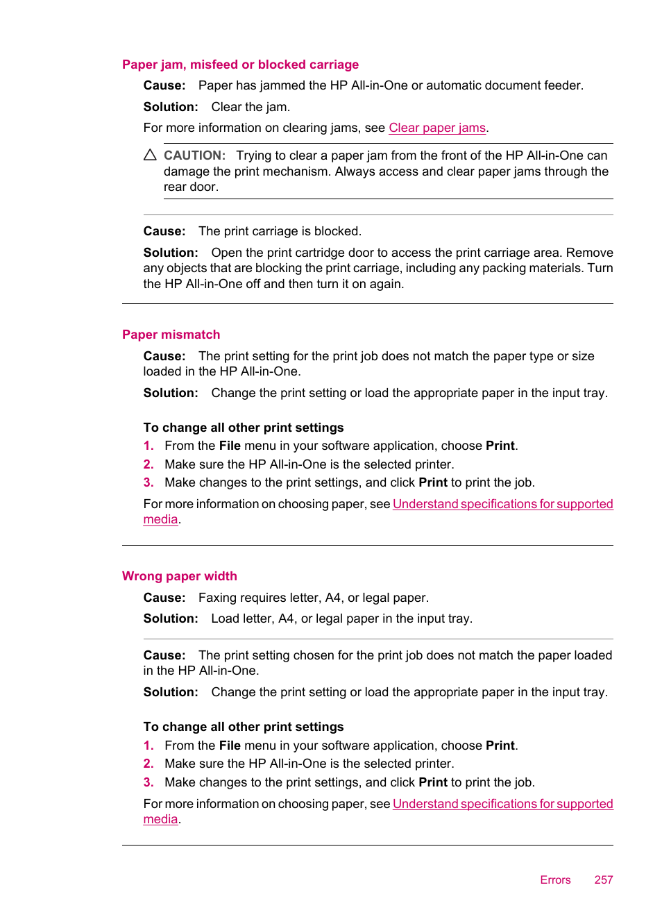 Paper jam, misfeed or blocked carriage, Paper mismatch, Wrong paper width | HP Officejet J5740 All-in-One Printer User Manual | Page 259 / 296