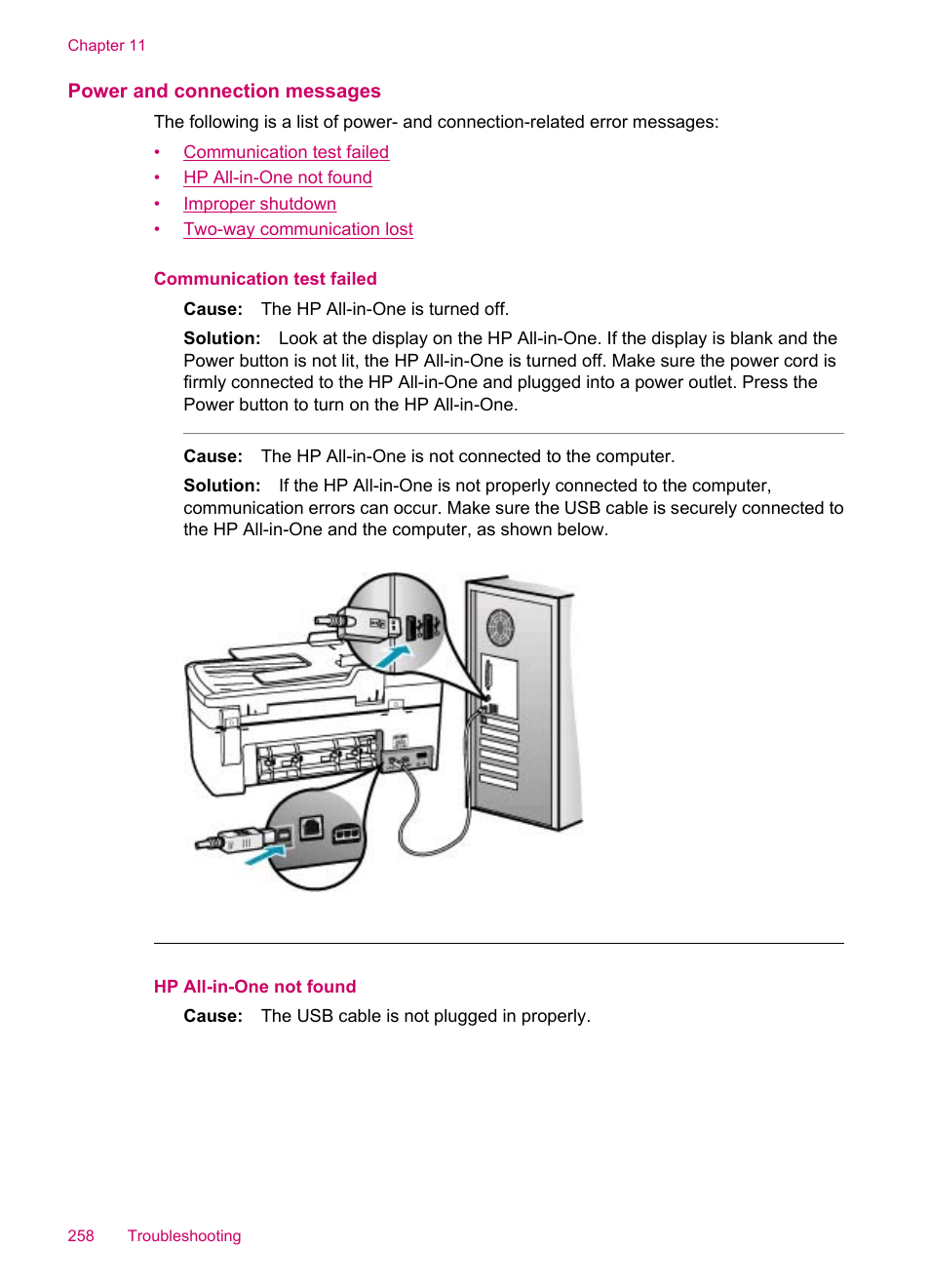 Power and connection messages | HP Officejet J5740 All-in-One Printer User Manual | Page 260 / 296