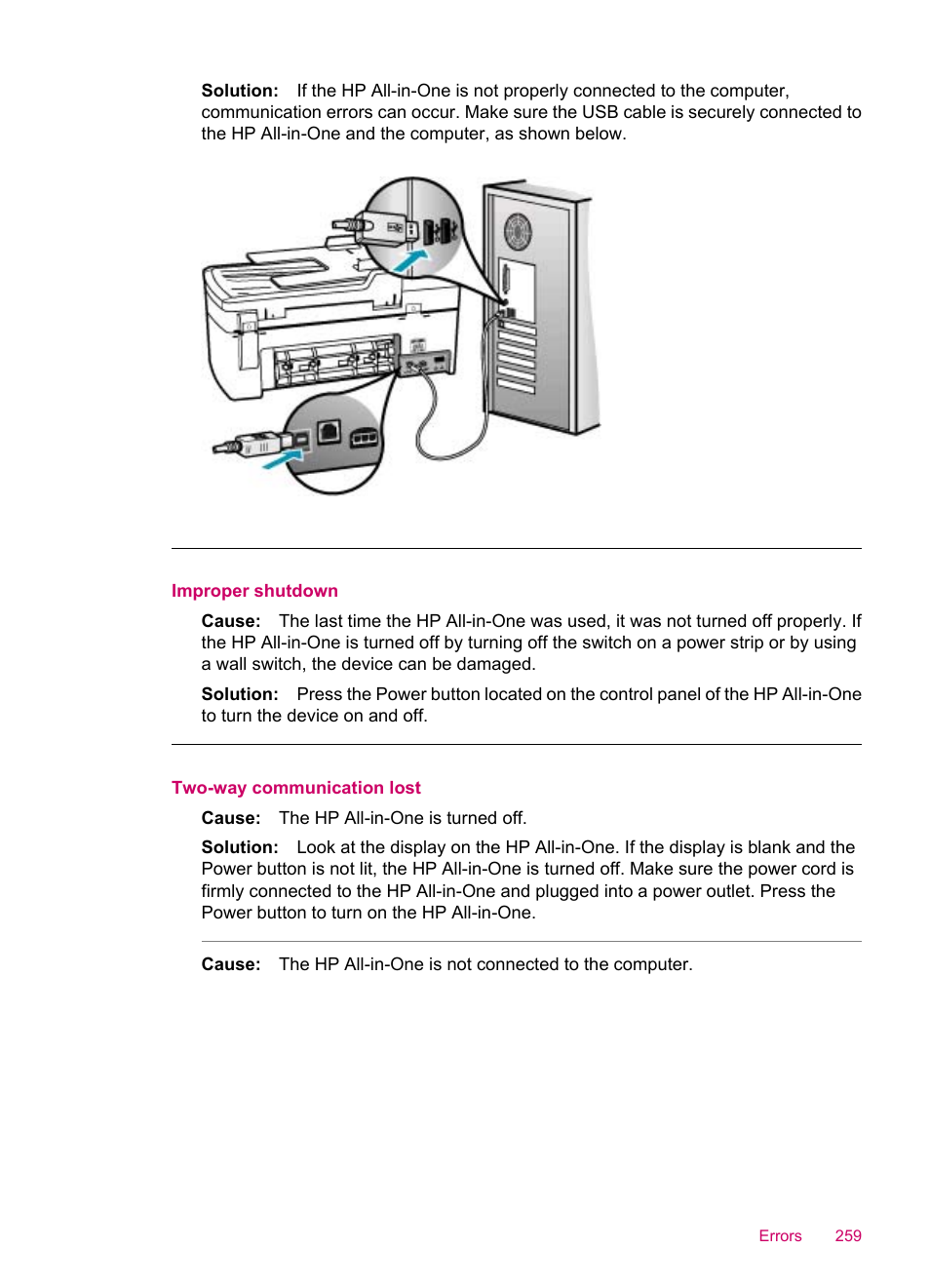 Improper shutdown, Two-way communication lost | HP Officejet J5740 All-in-One Printer User Manual | Page 261 / 296