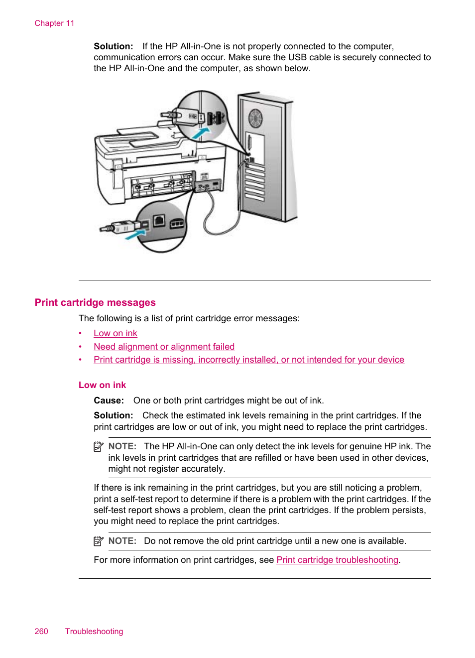 Print cartridge messages | HP Officejet J5740 All-in-One Printer User Manual | Page 262 / 296