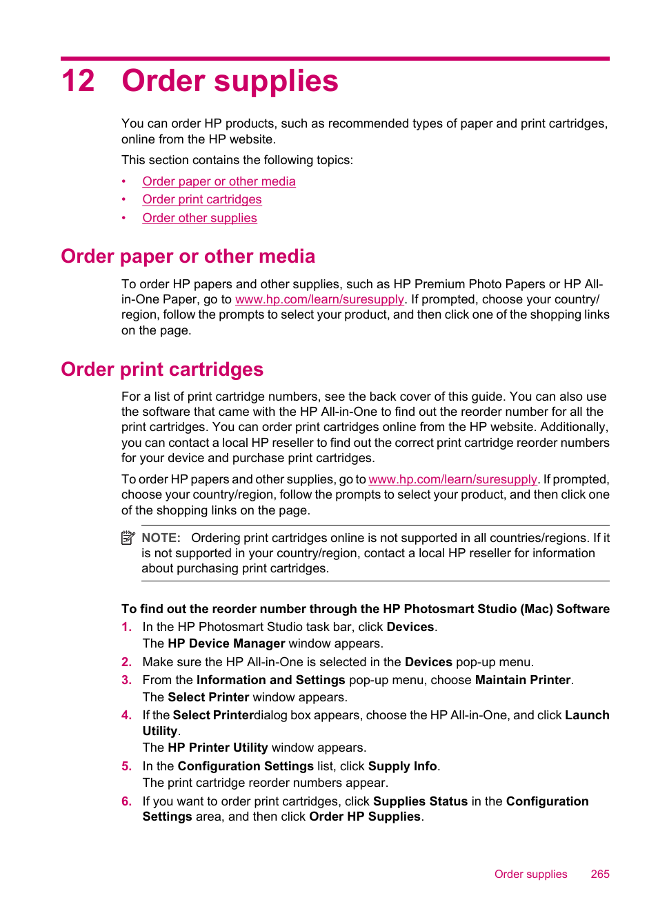 Order supplies, Order paper or other media, Order print cartridges | 12 order supplies, Order paper or other media order print cartridges | HP Officejet J5740 All-in-One Printer User Manual | Page 267 / 296