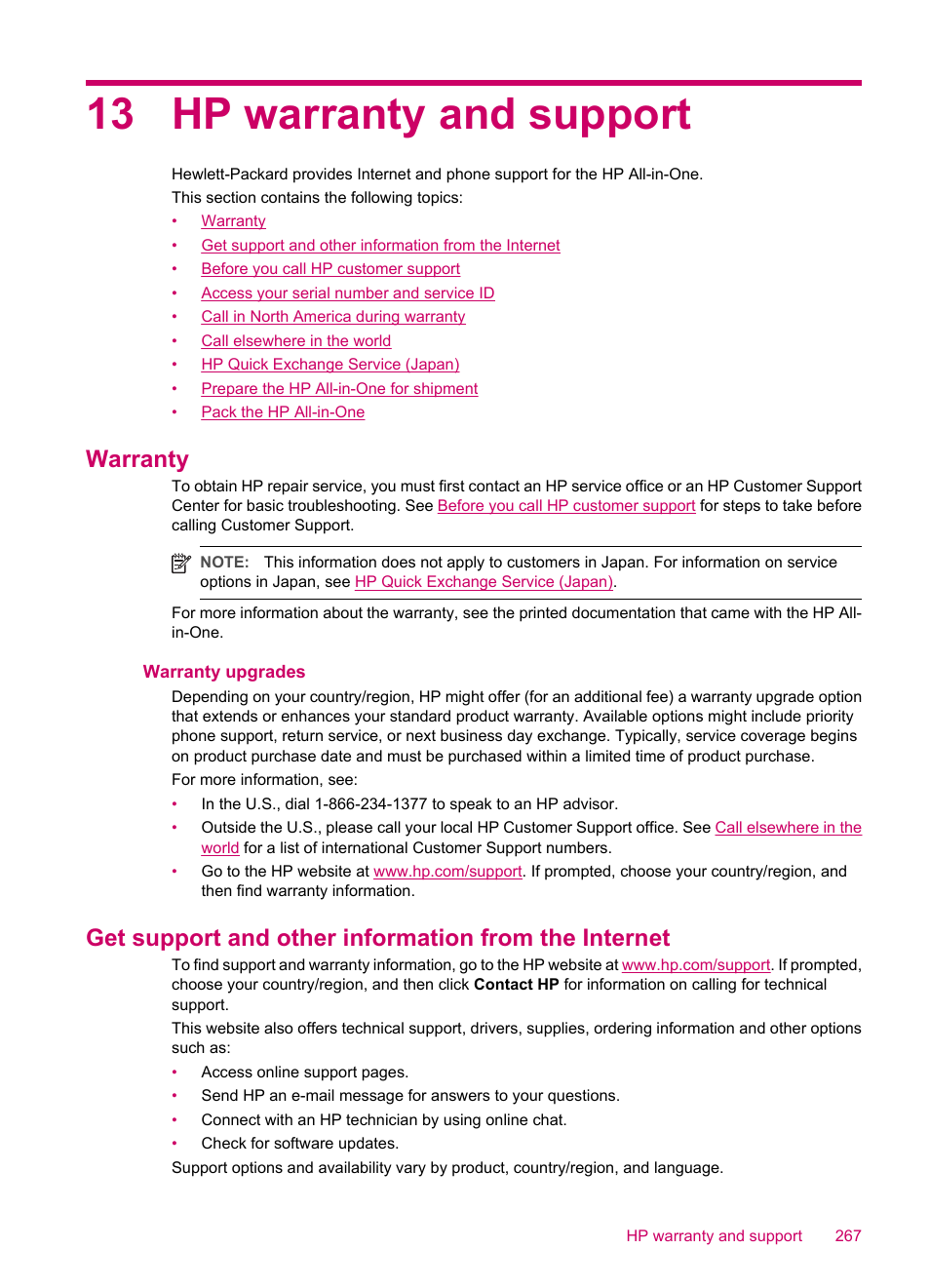 Hp warranty and support, Warranty, Warranty upgrades | 13 hp warranty and support | HP Officejet J5740 All-in-One Printer User Manual | Page 269 / 296