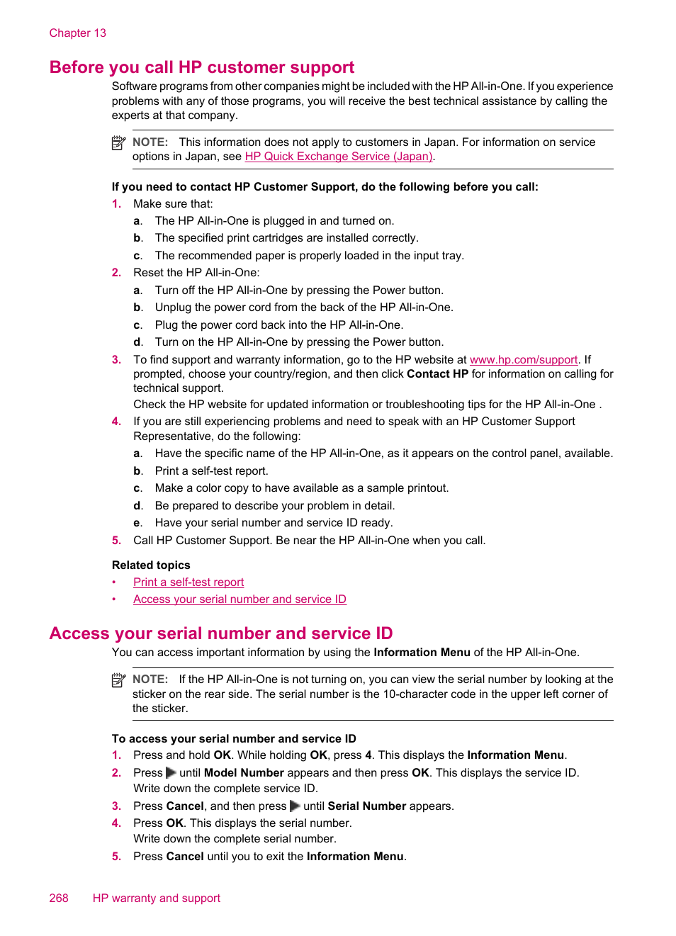 Before you call hp customer support, Access your serial number and service id, Ng. see | HP Officejet J5740 All-in-One Printer User Manual | Page 270 / 296