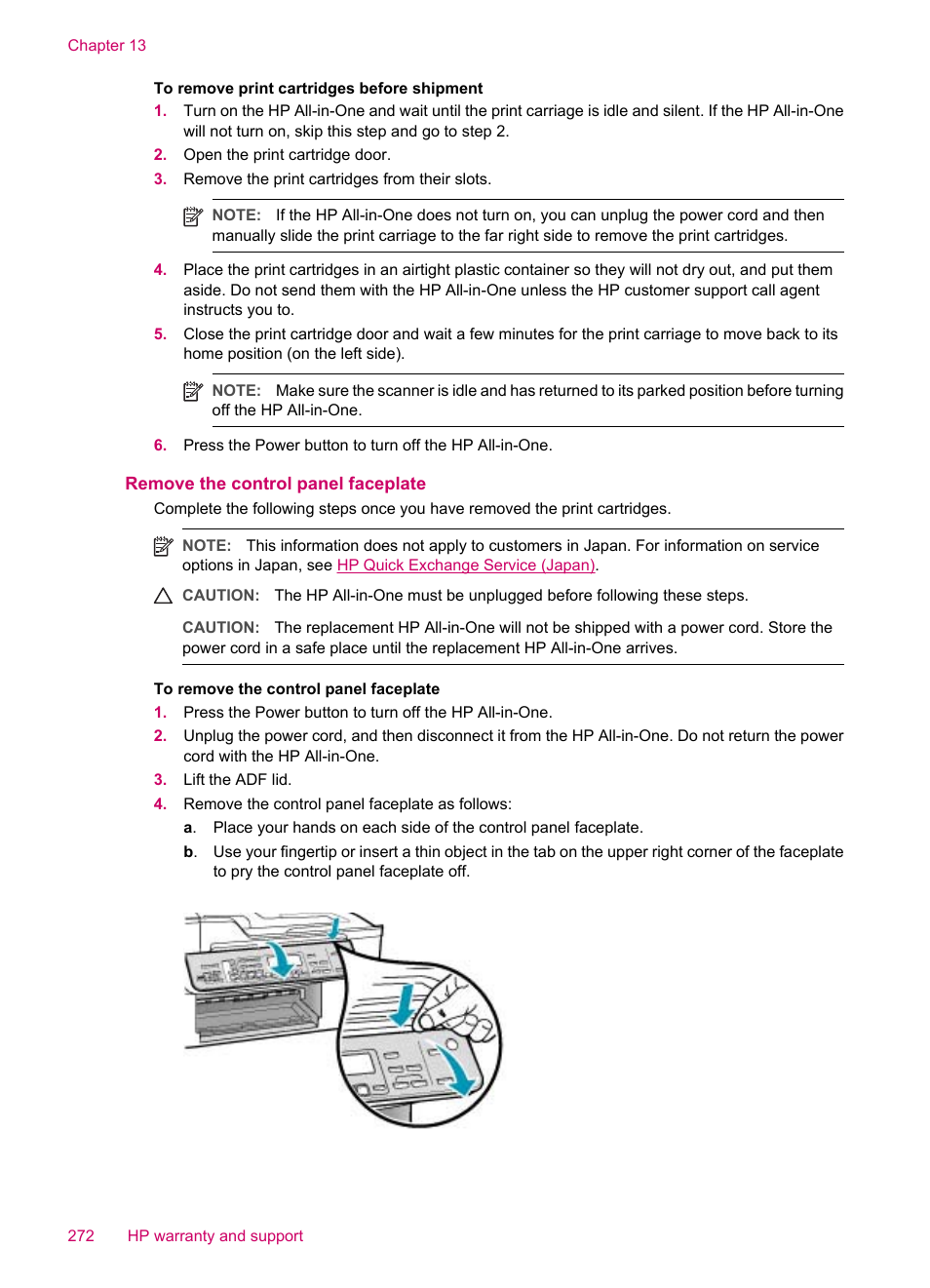 Remove the control panel faceplate | HP Officejet J5740 All-in-One Printer User Manual | Page 274 / 296