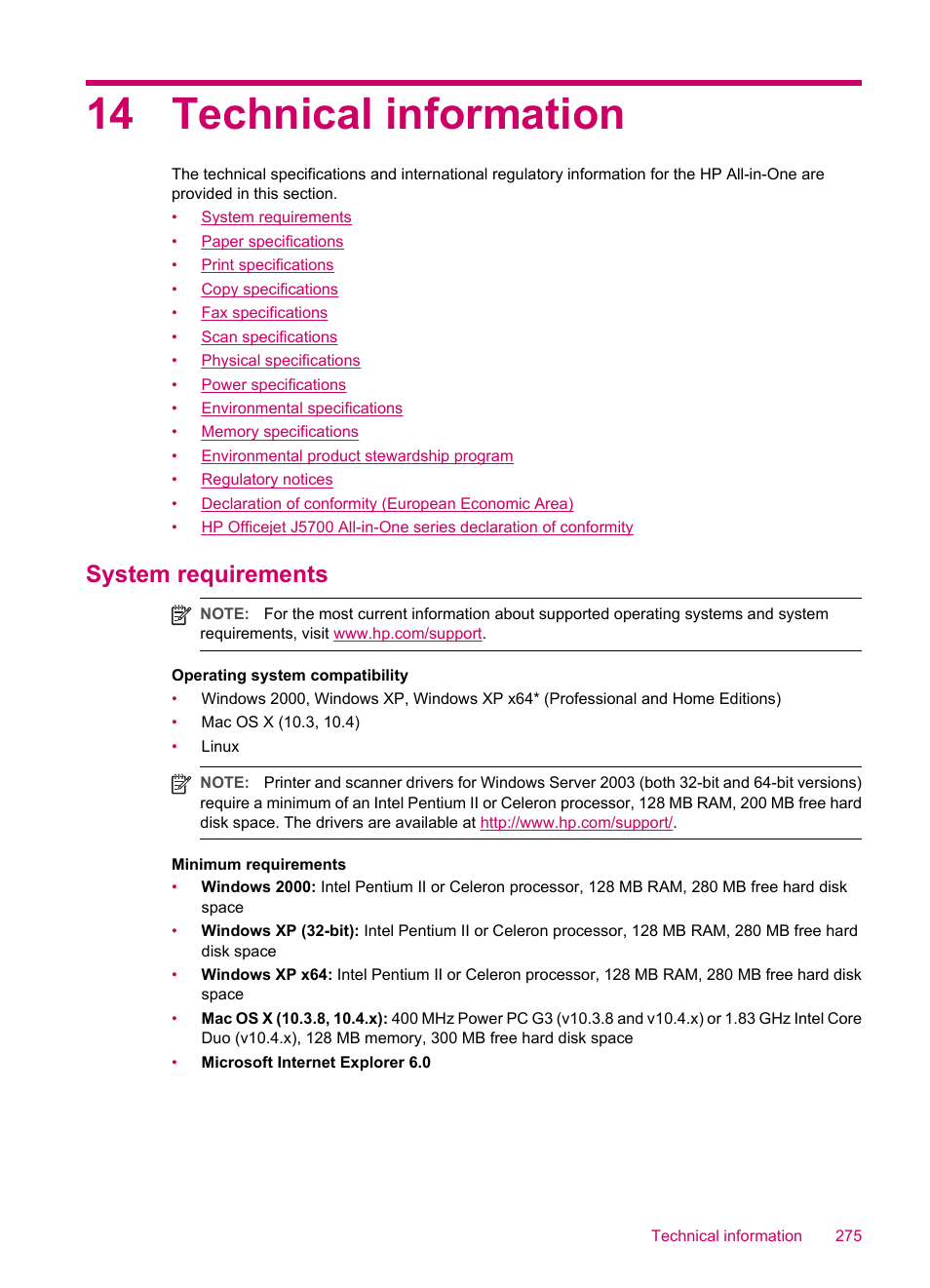 Technical information, System requirements, 14 technical information | HP Officejet J5740 All-in-One Printer User Manual | Page 277 / 296