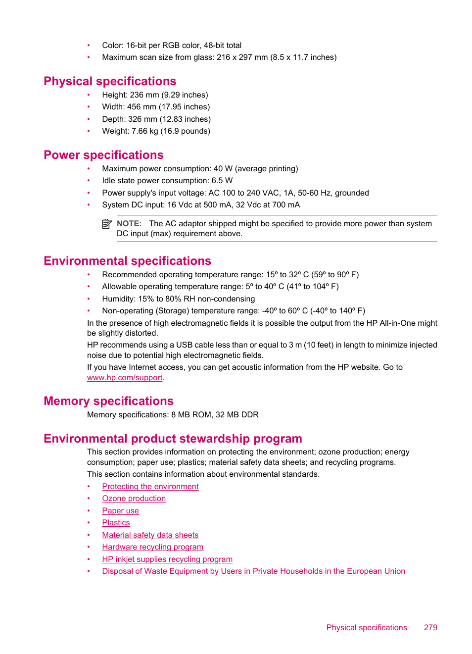 Physical specifications, Power specifications, Environmental specifications | Memory specifications, Environmental product stewardship program | HP Officejet J5740 All-in-One Printer User Manual | Page 281 / 296