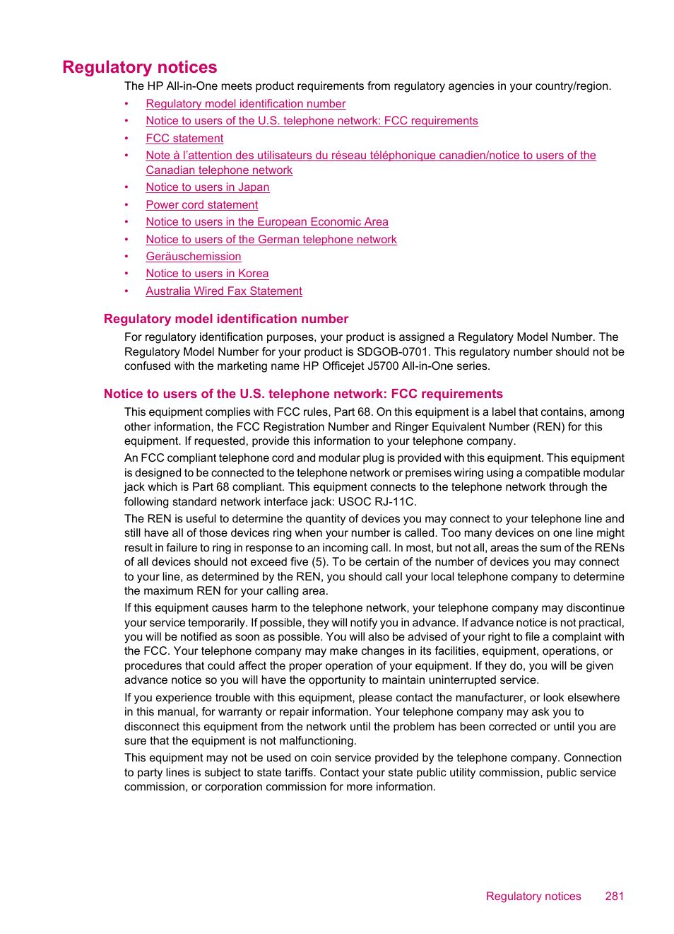Regulatory notices, Regulatory model identification number | HP Officejet J5740 All-in-One Printer User Manual | Page 283 / 296