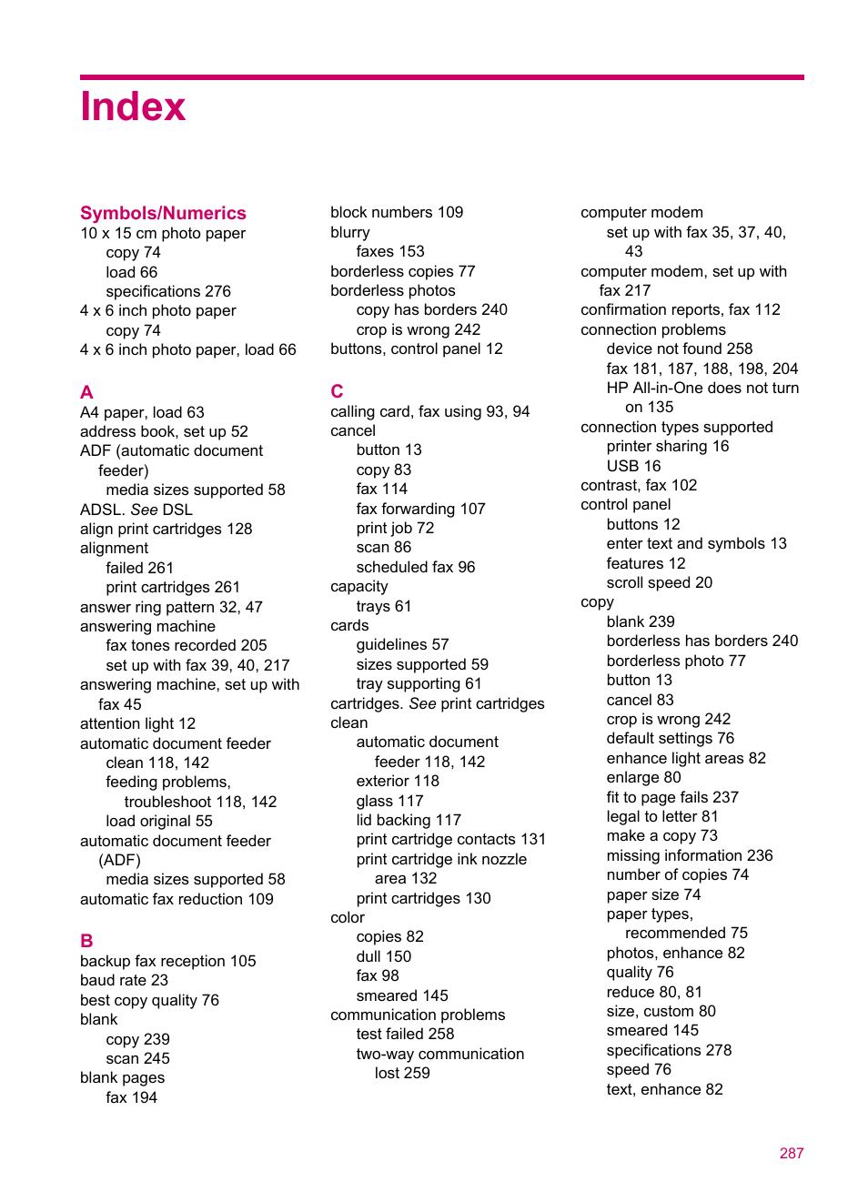 Index | HP Officejet J5740 All-in-One Printer User Manual | Page 289 / 296