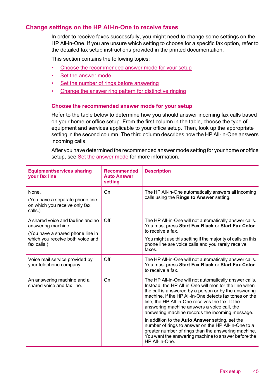 Choose the recommended answer mode for your setup | HP Officejet J5740 All-in-One Printer User Manual | Page 47 / 296