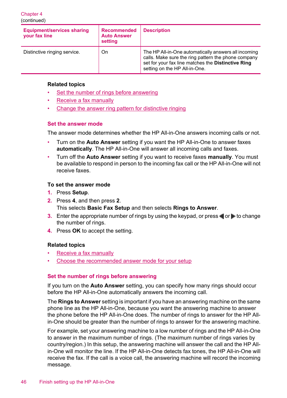 Set the answer mode, Set the number of rings before answering | HP Officejet J5740 All-in-One Printer User Manual | Page 48 / 296
