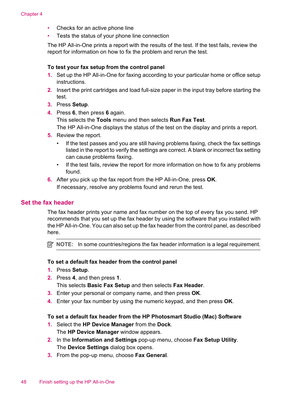 Set the fax header | HP Officejet J5740 All-in-One Printer User Manual | Page 50 / 296