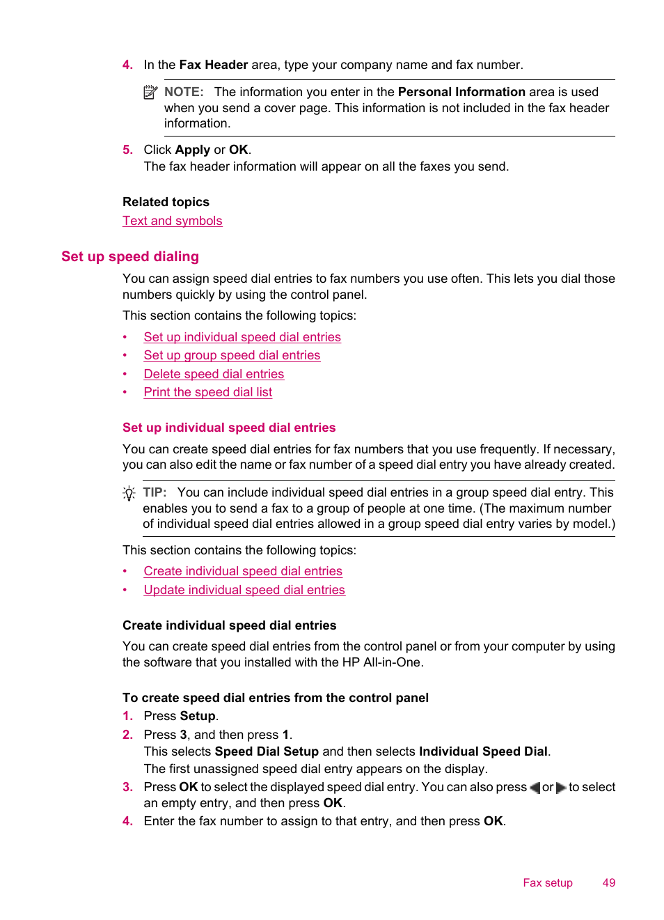 Set up speed dialing, Set up individual speed dial entries | HP Officejet J5740 All-in-One Printer User Manual | Page 51 / 296