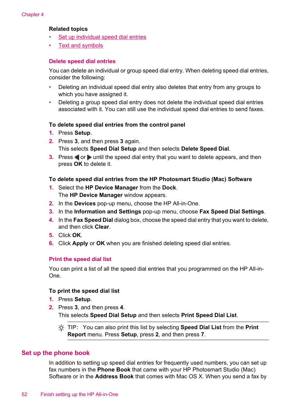 Delete speed dial entries, Print the speed dial list, Set up the phone book | HP Officejet J5740 All-in-One Printer User Manual | Page 54 / 296