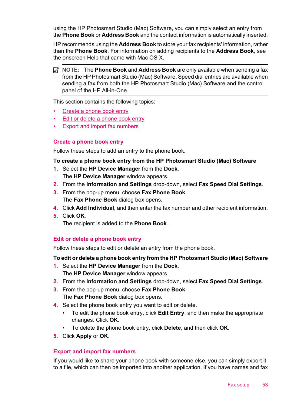 Create a phone book entry, Edit or delete a phone book entry, Export and import fax numbers | HP Officejet J5740 All-in-One Printer User Manual | Page 55 / 296