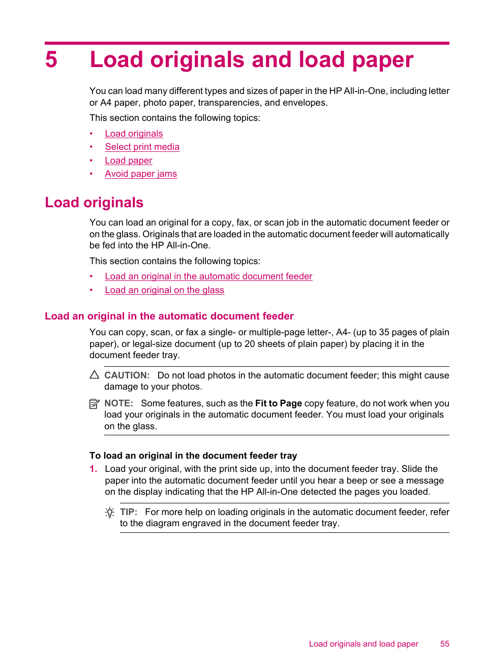 Load originals and load paper, Load originals, Load an original in the automatic document feeder | 5 load originals and load paper, 5load originals and load paper | HP Officejet J5740 All-in-One Printer User Manual | Page 57 / 296