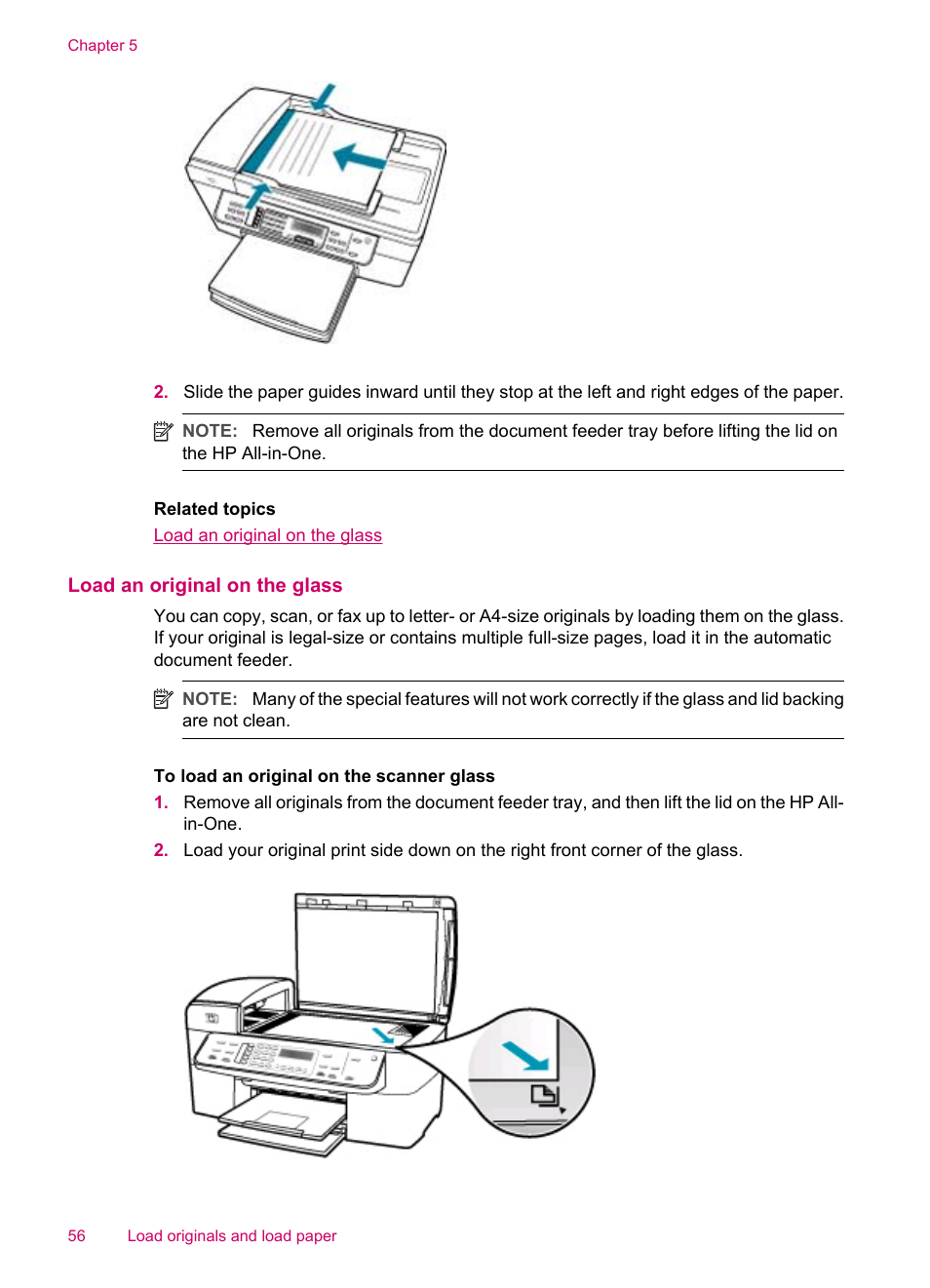 Load an original on the glass | HP Officejet J5740 All-in-One Printer User Manual | Page 58 / 296
