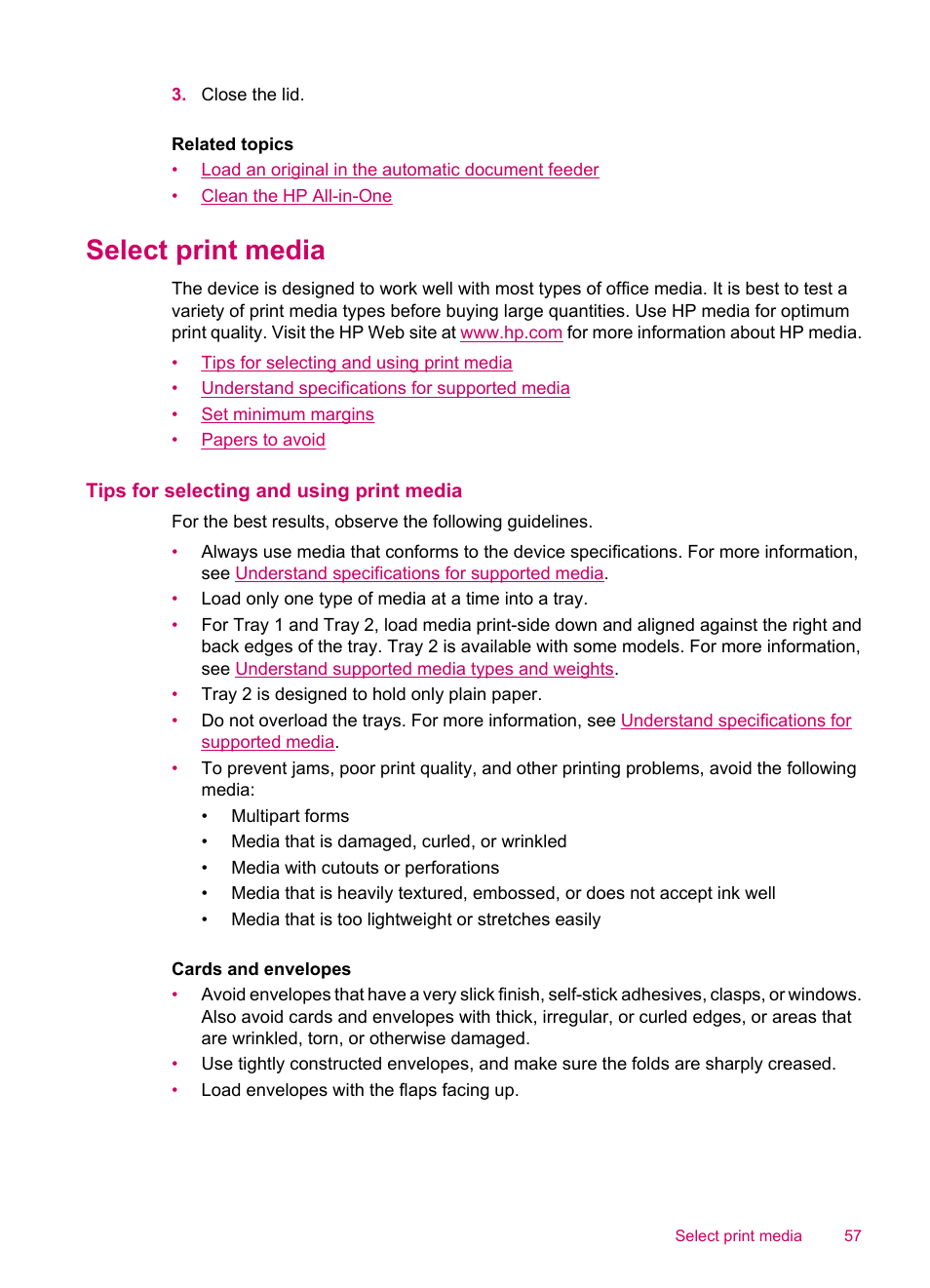 Select print media, Tips for selecting and using print media, Set minimum margins papers to avoid | HP Officejet J5740 All-in-One Printer User Manual | Page 59 / 296