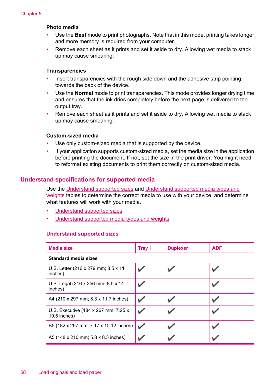 Understand specifications for supported media, Understand supported sizes, Understand specifications for | Supported media | HP Officejet J5740 All-in-One Printer User Manual | Page 60 / 296