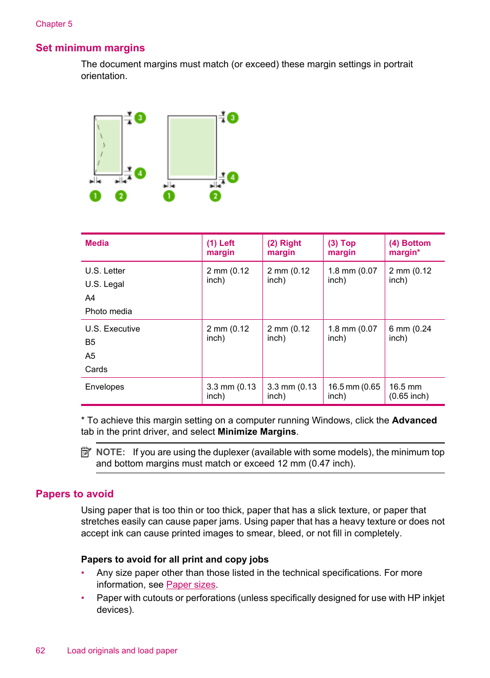 Set minimum margins, Papers to avoid | HP Officejet J5740 All-in-One Printer User Manual | Page 64 / 296