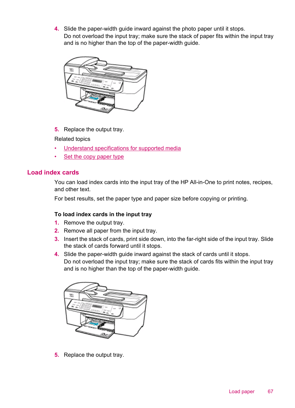 Load index cards | HP Officejet J5740 All-in-One Printer User Manual | Page 69 / 296