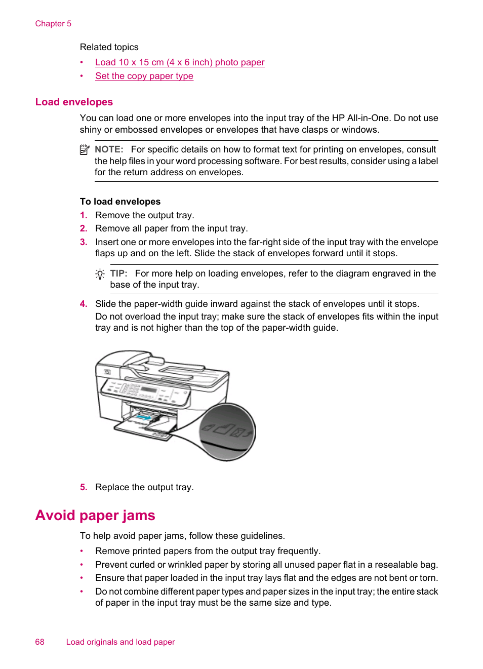 Load envelopes, Avoid paper jams | HP Officejet J5740 All-in-One Printer User Manual | Page 70 / 296