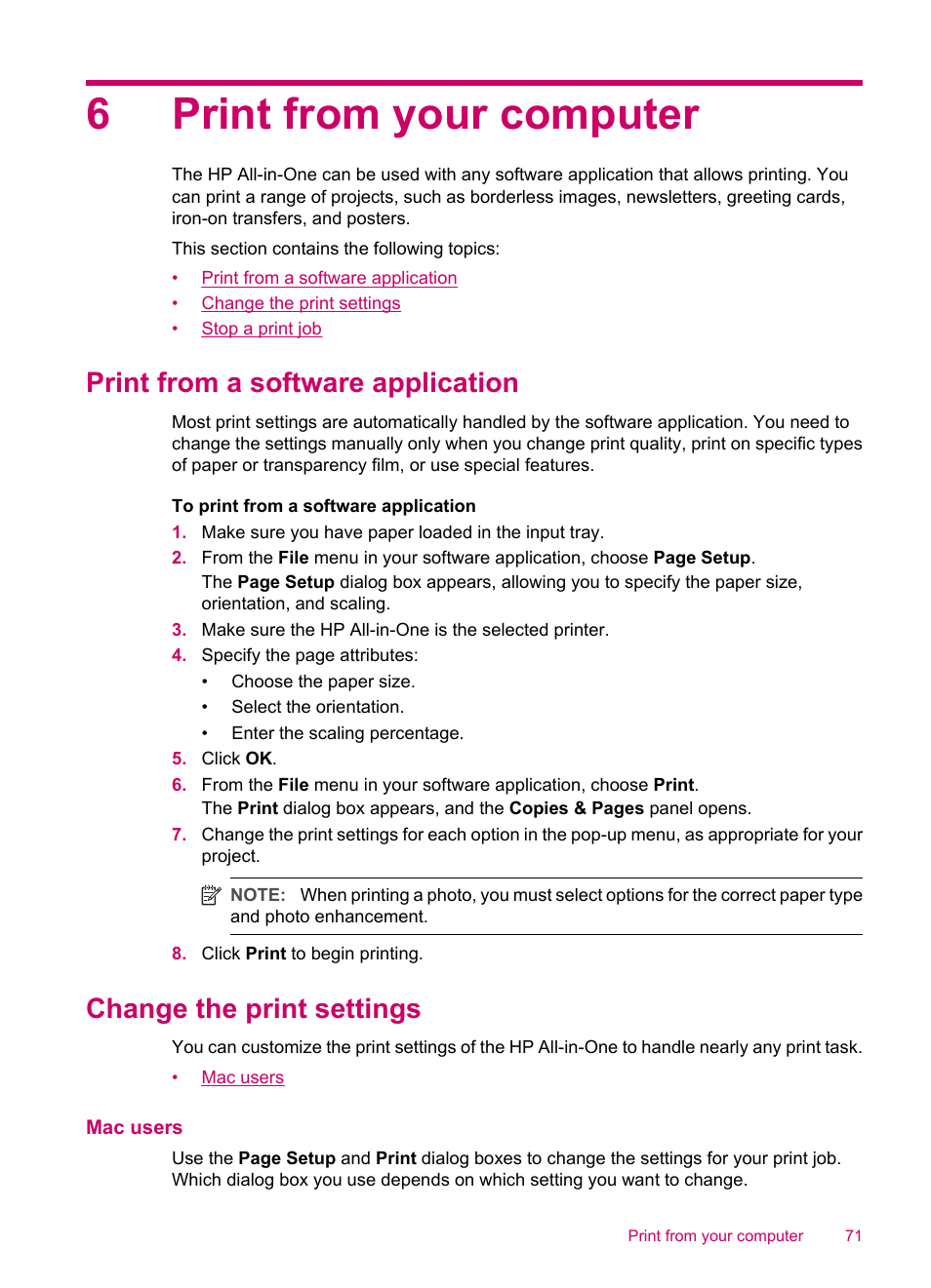 Print from your computer, Print from a software application, Change the print settings | Mac users, 6 print from your computer, 6print from your computer | HP Officejet J5740 All-in-One Printer User Manual | Page 73 / 296