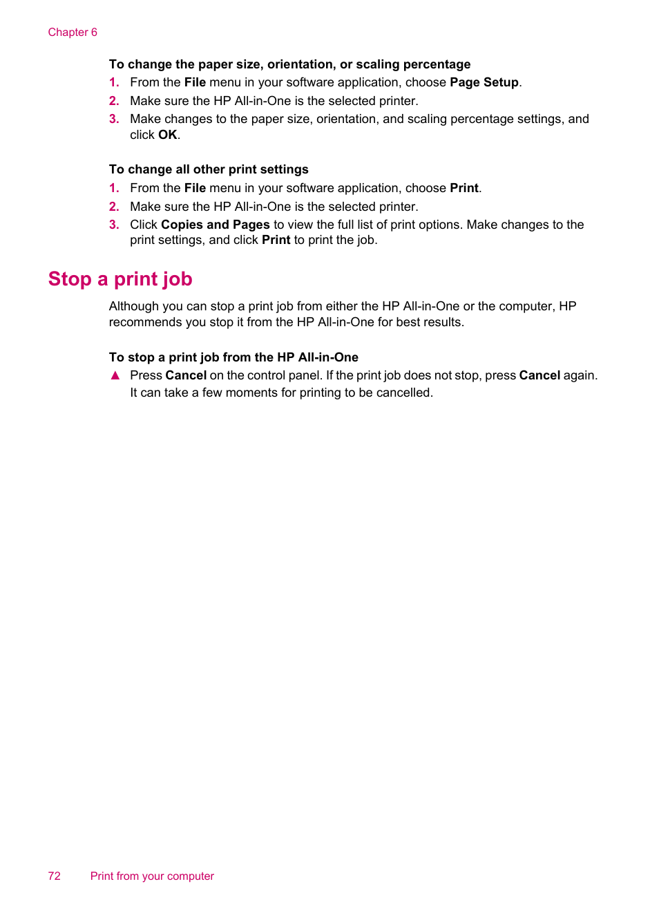 Stop a print job | HP Officejet J5740 All-in-One Printer User Manual | Page 74 / 296