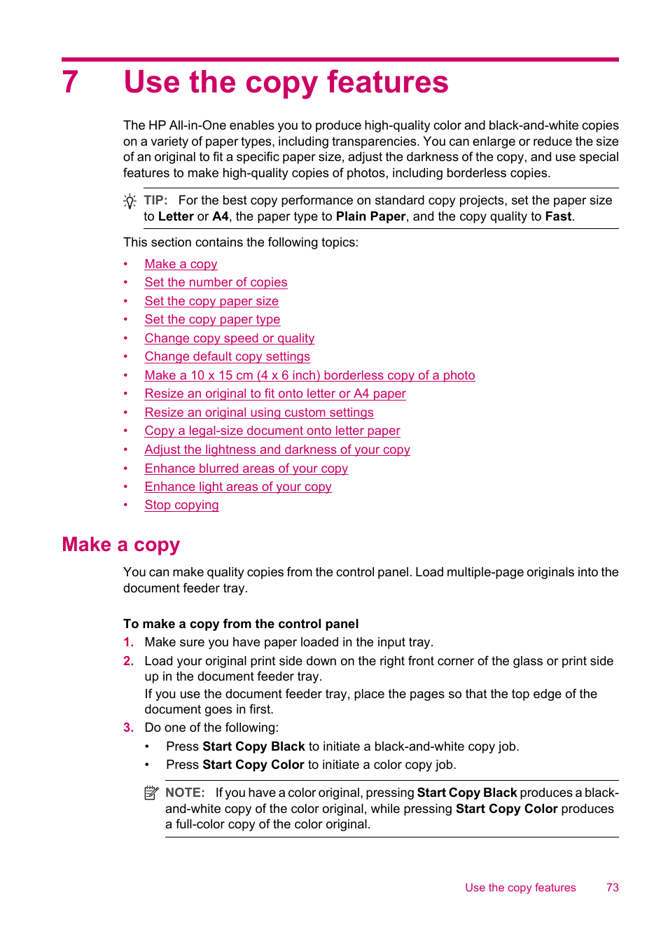 Use the copy features, Make a copy, 7 use the copy features | 7use the copy features | HP Officejet J5740 All-in-One Printer User Manual | Page 75 / 296