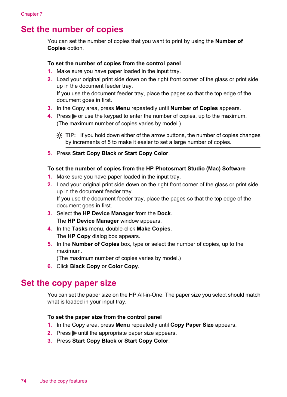 Set the number of copies, Set the copy paper size, Set the number of copies set the copy paper size | HP Officejet J5740 All-in-One Printer User Manual | Page 76 / 296