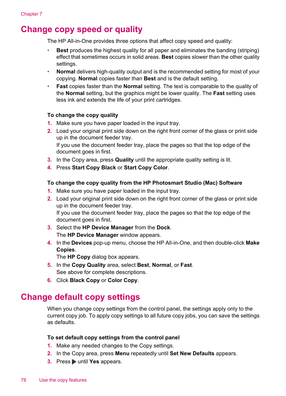 Change copy speed or quality, Change default copy settings | HP Officejet J5740 All-in-One Printer User Manual | Page 78 / 296