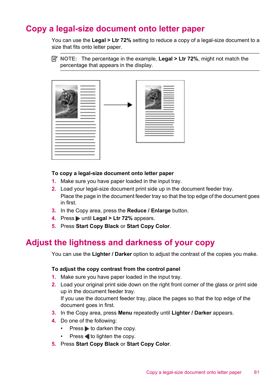 Copy a legal-size document onto letter paper, Adjust the lightness and darkness of your copy | HP Officejet J5740 All-in-One Printer User Manual | Page 83 / 296