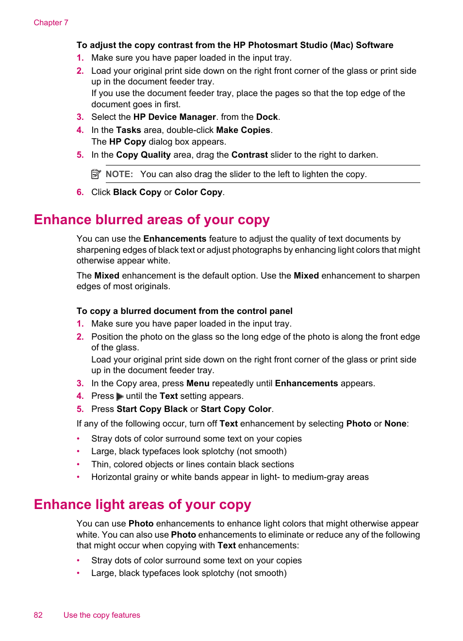 Enhance blurred areas of your copy, Enhance light areas of your copy | HP Officejet J5740 All-in-One Printer User Manual | Page 84 / 296