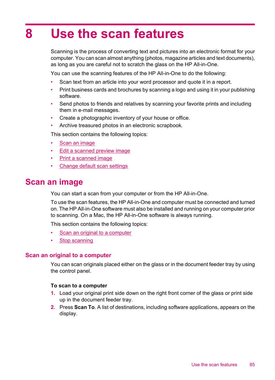 Use the scan features, Scan an image, Scan an original to a computer | 8 use the scan features, Scan an original to a computer stop scanning, 8use the scan features | HP Officejet J5740 All-in-One Printer User Manual | Page 87 / 296