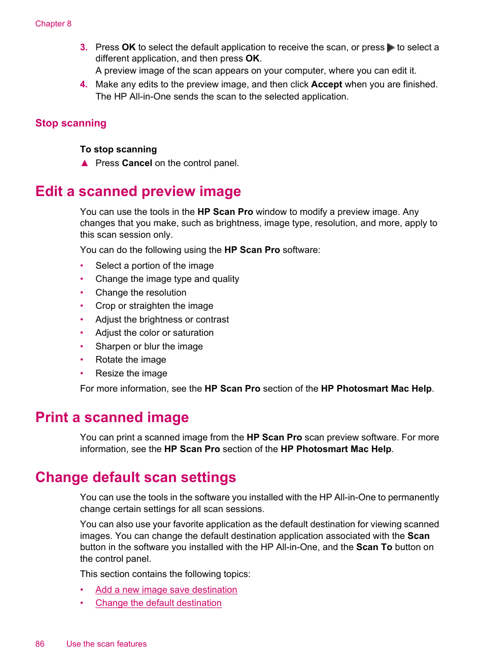 Stop scanning, Edit a scanned preview image, Print a scanned image | Change default scan settings | HP Officejet J5740 All-in-One Printer User Manual | Page 88 / 296