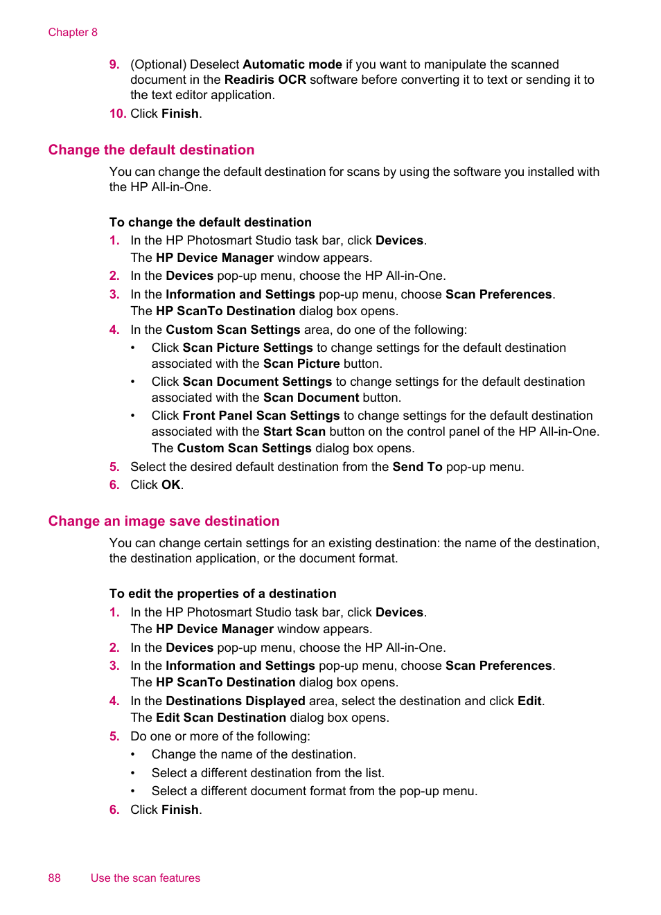 Change the default destination, Change an image save destination | HP Officejet J5740 All-in-One Printer User Manual | Page 90 / 296