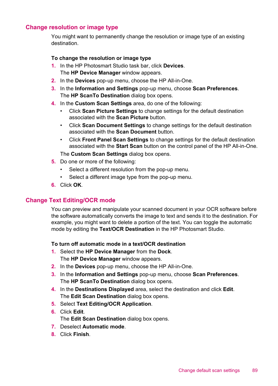 Change resolution or image type, Change text editing/ocr mode | HP Officejet J5740 All-in-One Printer User Manual | Page 91 / 296