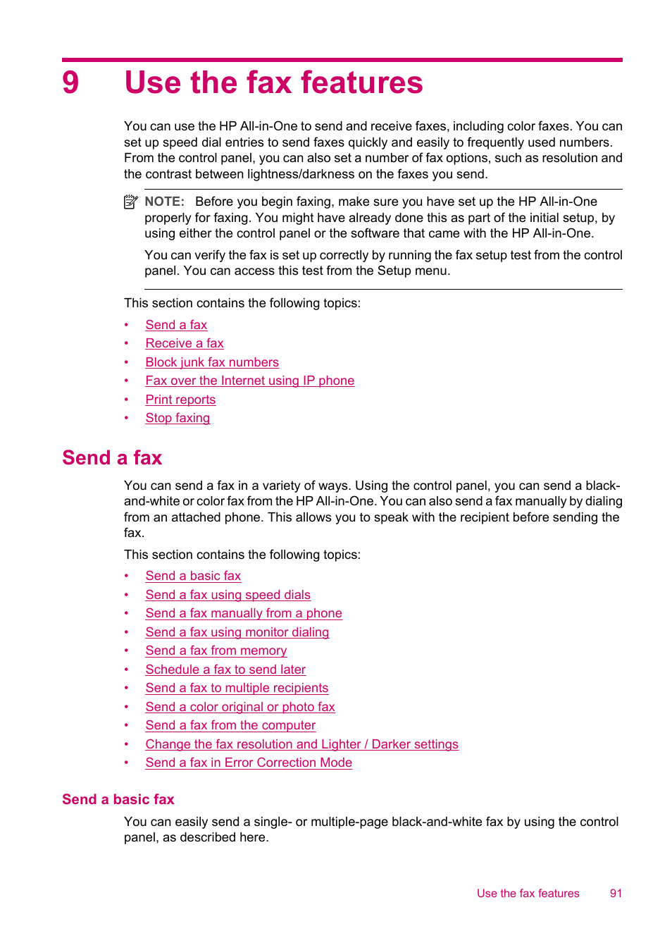 Use the fax features, Send a fax, Send a basic fax | 9 use the fax features, Send a fax in error correction mode, 9use the fax features | HP Officejet J5740 All-in-One Printer User Manual | Page 93 / 296