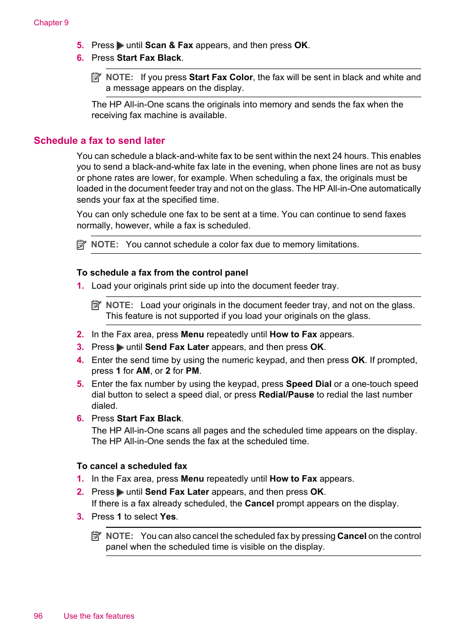 Schedule a fax to send later | HP Officejet J5740 All-in-One Printer User Manual | Page 98 / 296