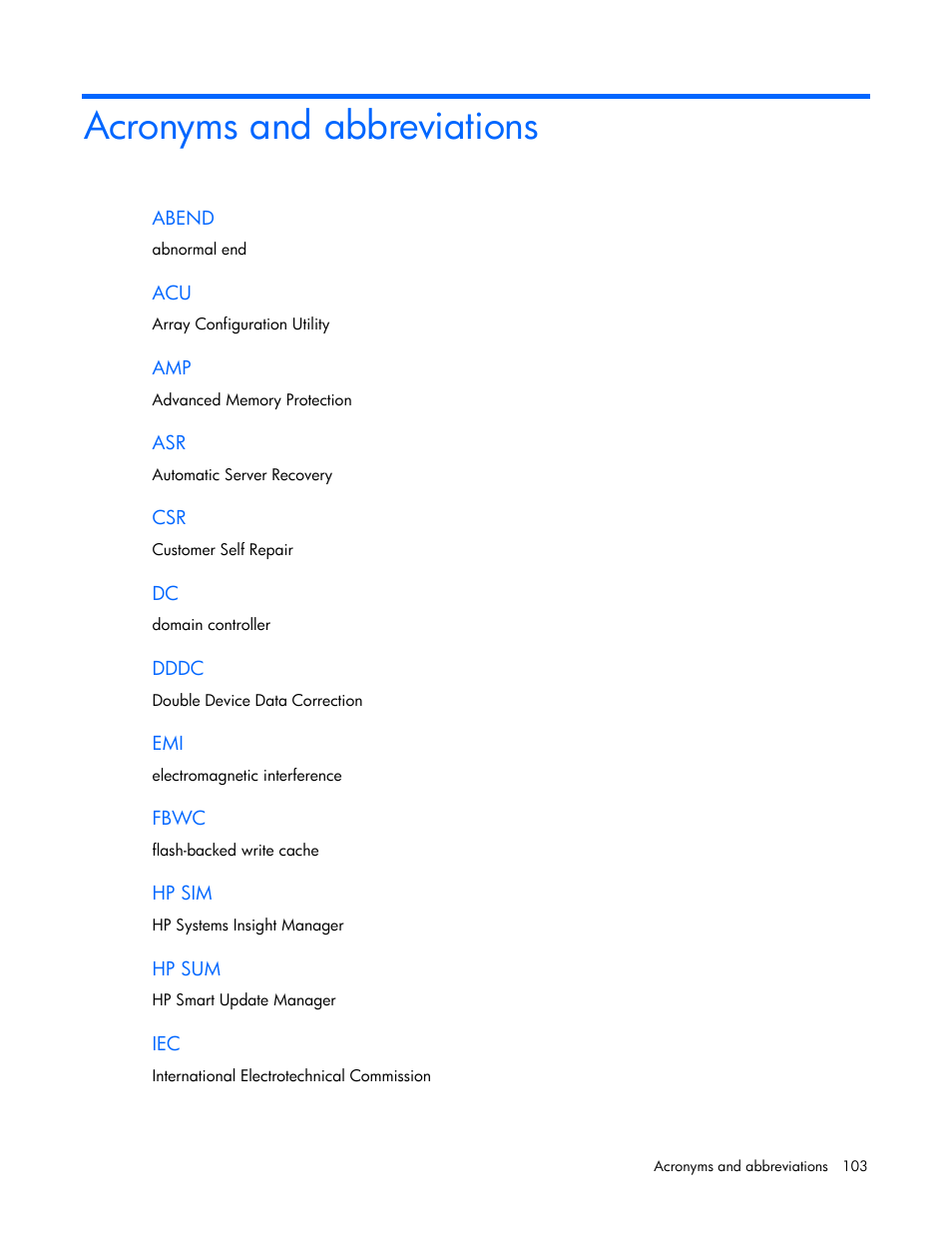 Acronyms and abbreviations | HP ProLiant DL160 Gen8 Server User Manual | Page 103 / 109