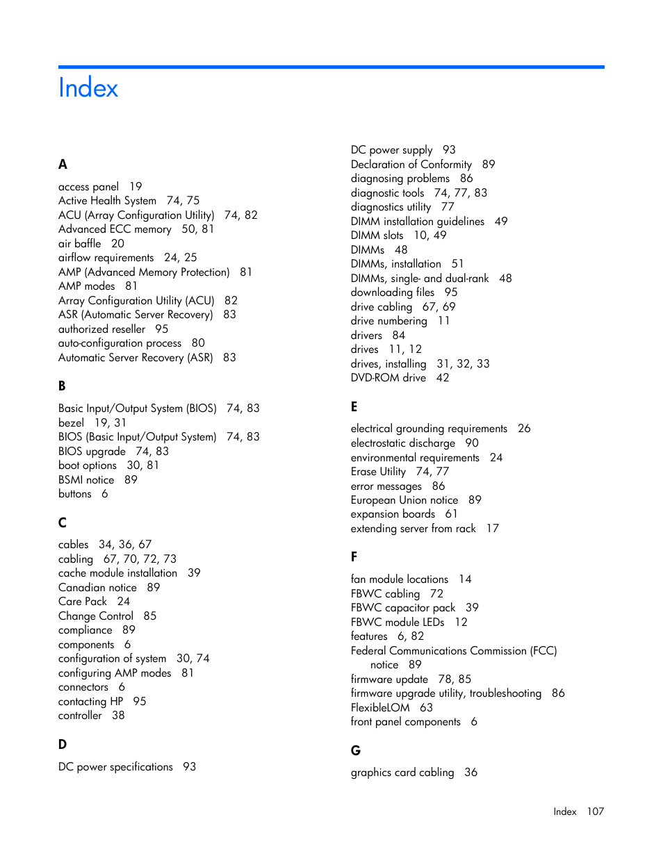 Index | HP ProLiant DL160 Gen8 Server User Manual | Page 107 / 109